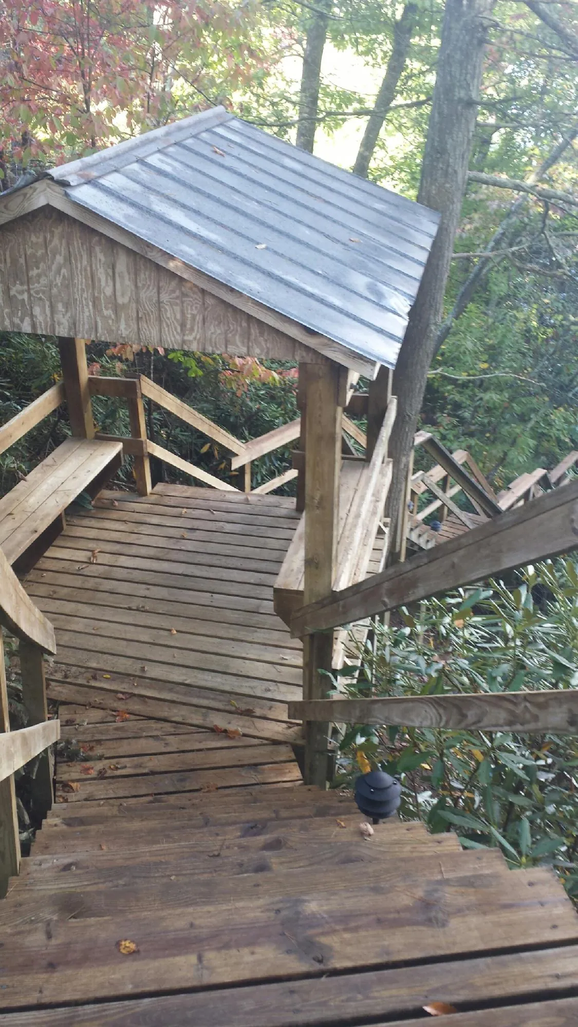 Metal roofed shelter over wooden steps on a wooded walkway — Skylight Repair & Installation work by our crew in Canyon Creek